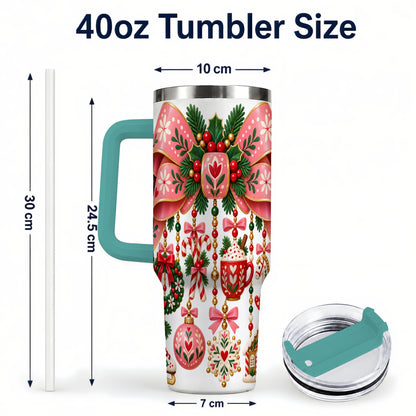 #pl[40oz|Green] Pink Bow 40oz Tumbler with Handle, Scandinavian Folk Christmas Art