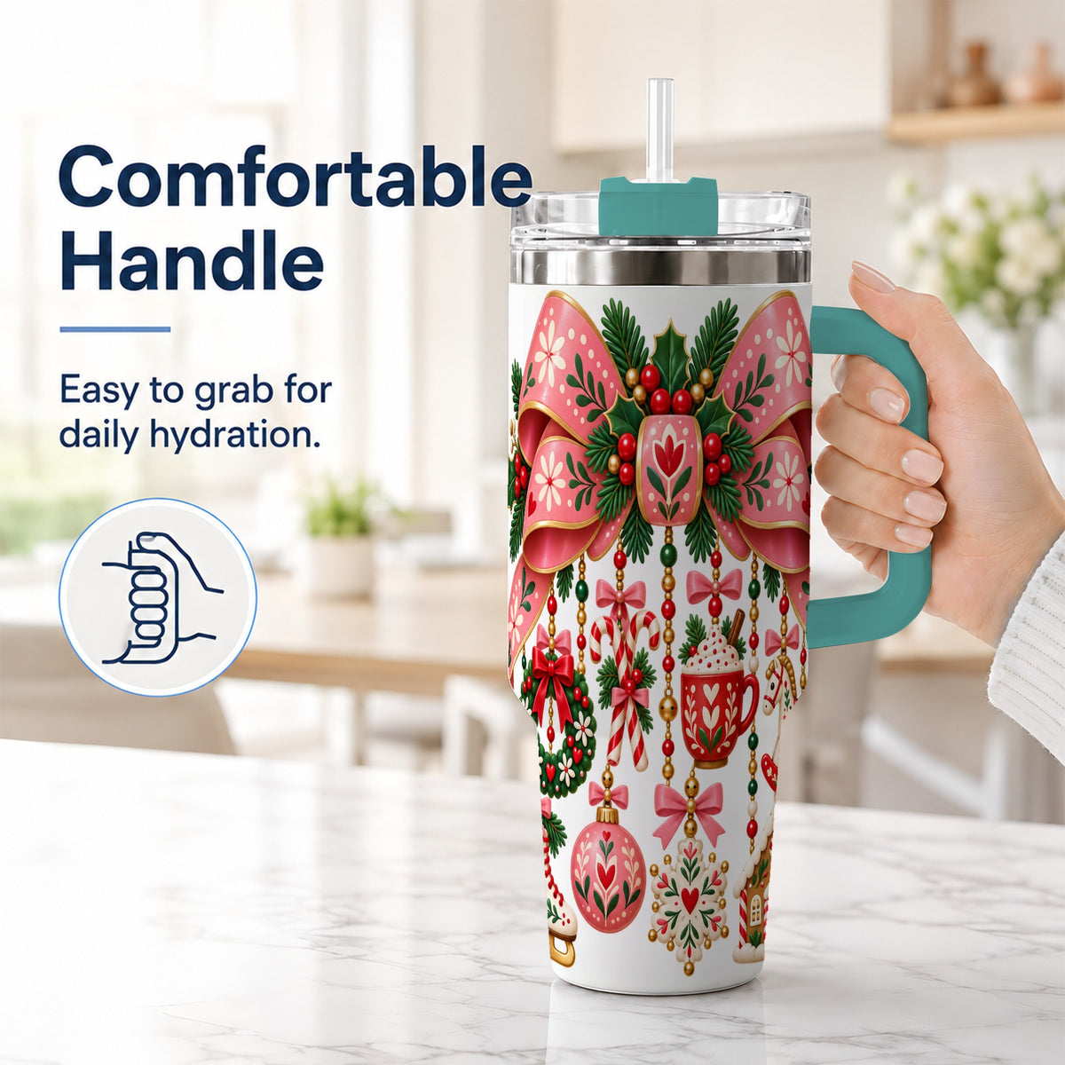 #pl[40oz|Green] Pink Bow 40oz Tumbler with Handle, Scandinavian Folk Christmas Art