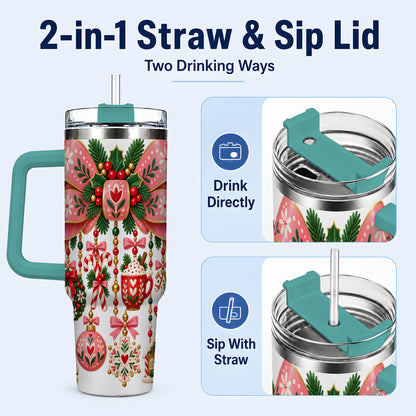 #pl[40oz|Green] Pink Bow 40oz Tumbler with Handle, Scandinavian Folk Christmas Art
