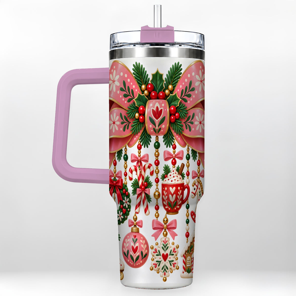 #pl[40oz|Pink] Pink Bow 40oz Tumbler with Handle, Scandinavian Folk Christmas Art