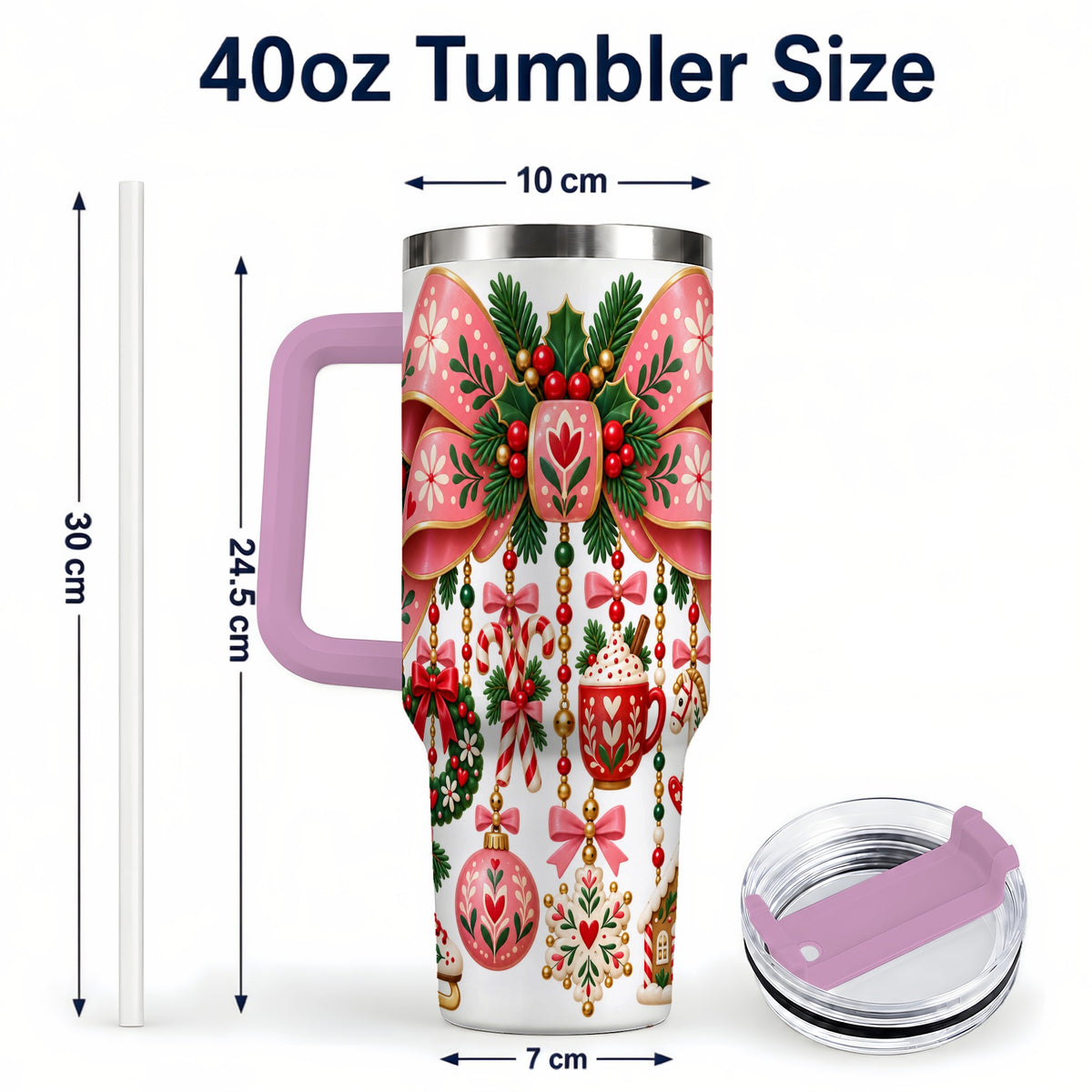#pl[40oz|Pink] Pink Bow 40oz Tumbler with Handle, Scandinavian Folk Christmas Art