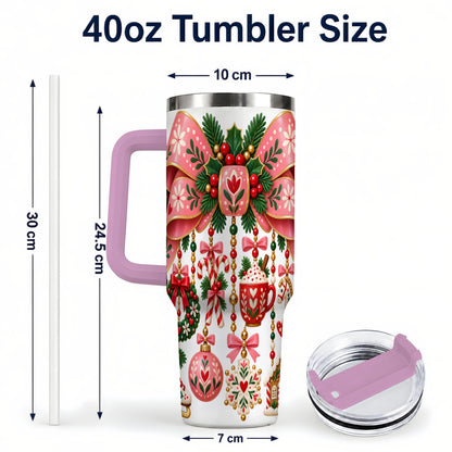 #pl[40oz|Pink] Pink Bow 40oz Tumbler with Handle, Scandinavian Folk Christmas Art