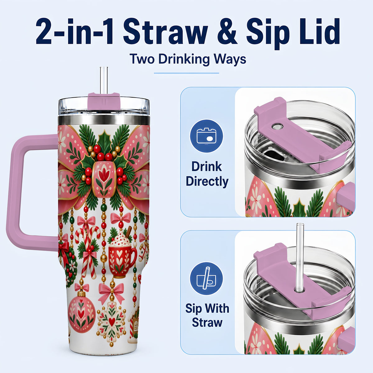 #pl[40oz|Pink] Pink Bow 40oz Tumbler with Handle, Scandinavian Folk Christmas Art