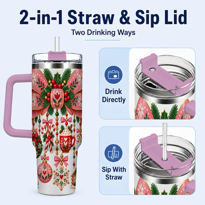 #pl[40oz|Pink] Pink Bow 40oz Tumbler with Handle, Scandinavian Folk Christmas Art