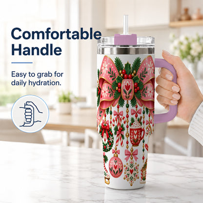 #pl[40oz|Pink] Pink Bow 40oz Tumbler with Handle, Scandinavian Folk Christmas Art