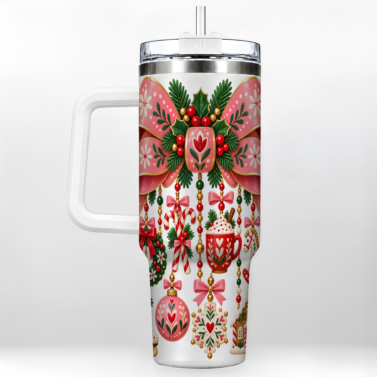 Pink Bow 40oz Tumbler with Handle, Scandinavian Folk Christmas Art