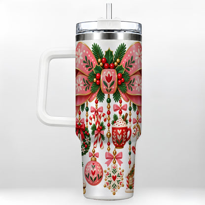 Pink Bow 40oz Tumbler with Handle, Scandinavian Folk Christmas Art