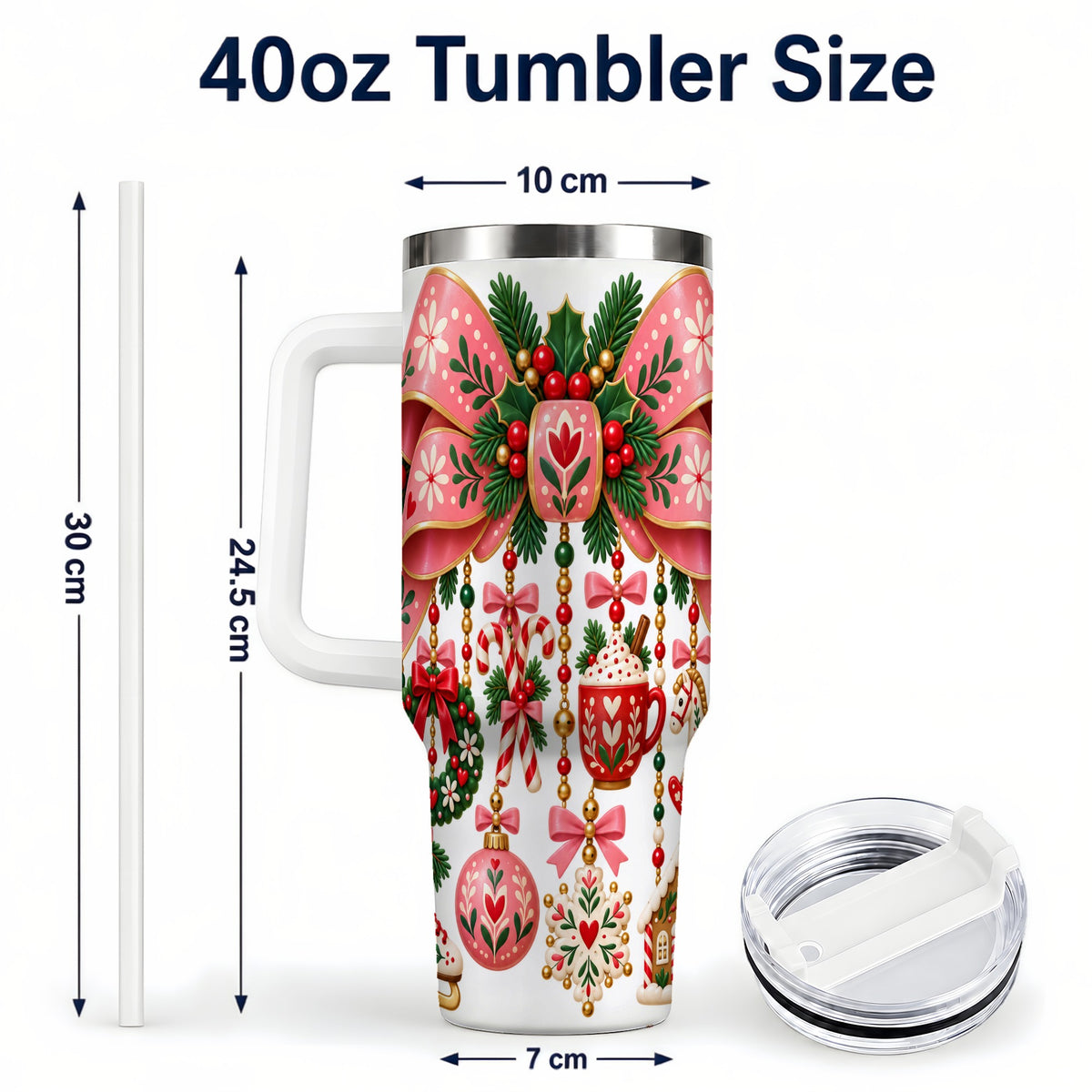 #pl[40oz|White] Pink Bow 40oz Tumbler with Handle, Scandinavian Folk Christmas Art