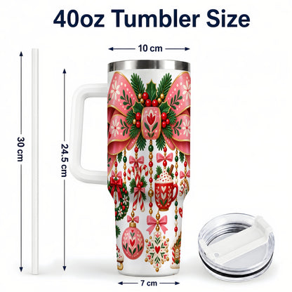 #pl[40oz|White] Pink Bow 40oz Tumbler with Handle, Scandinavian Folk Christmas Art