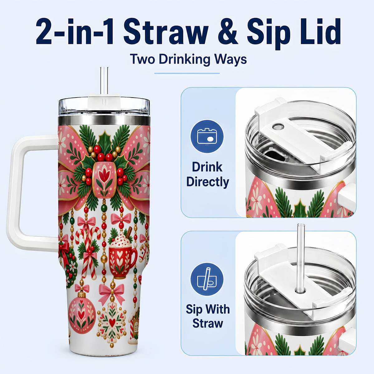#pl[40oz|White] Pink Bow 40oz Tumbler with Handle, Scandinavian Folk Christmas Art