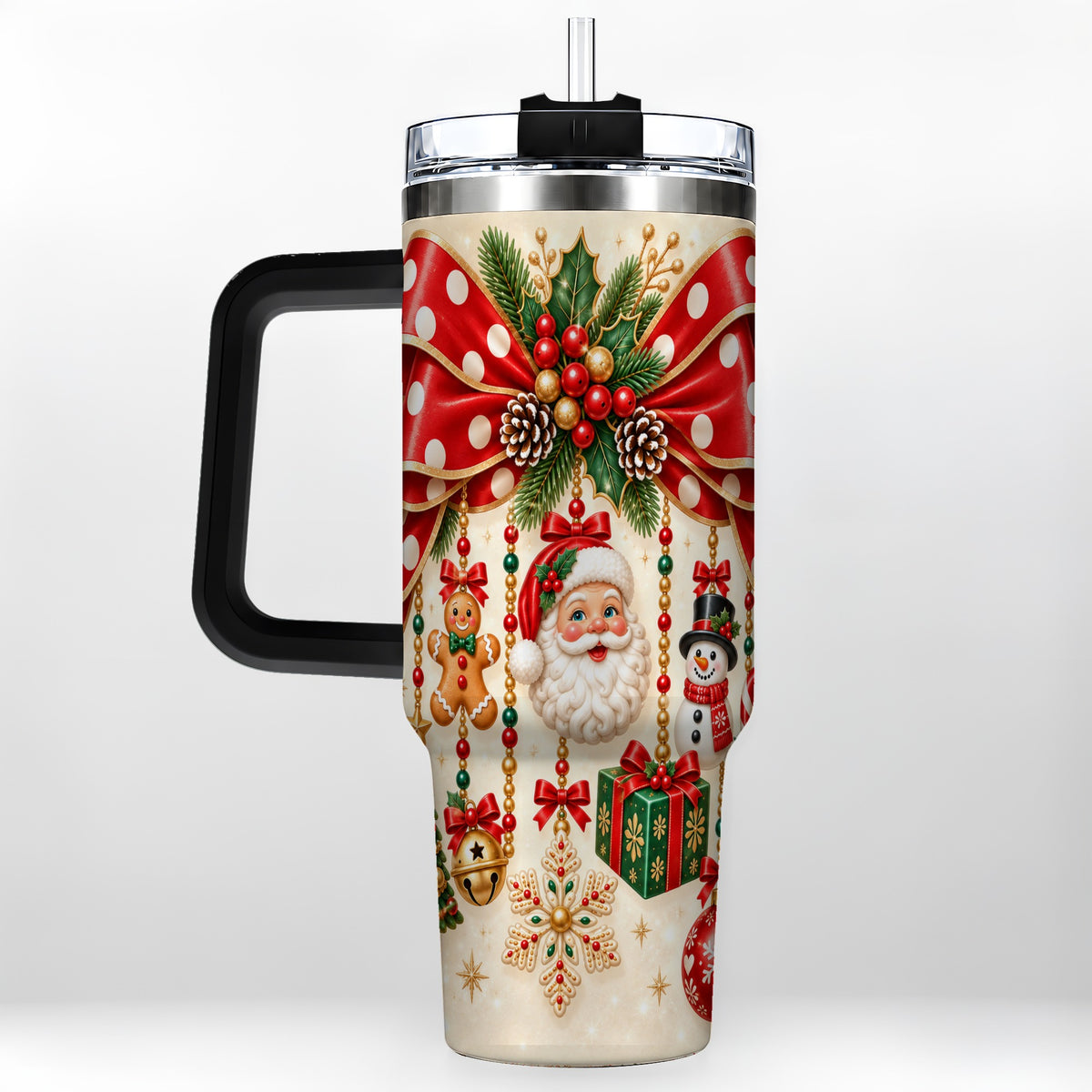 #pl[40oz|Black] Christmas Bow 40oz Tumbler with Handle, Santa and Snowman Ornaments