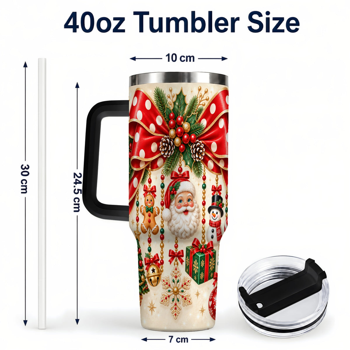 #pl[40oz|Black] Christmas Bow 40oz Tumbler with Handle, Santa and Snowman Ornaments