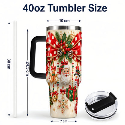 #pl[40oz|Black] Christmas Bow 40oz Tumbler with Handle, Santa and Snowman Ornaments