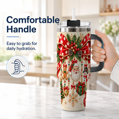 #pl[40oz|Black] Christmas Bow 40oz Tumbler with Handle, Santa and Snowman Ornaments