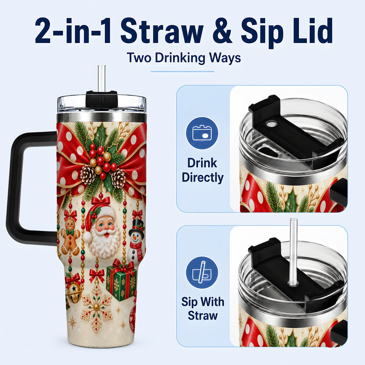 #pl[40oz|Black] Christmas Bow 40oz Tumbler with Handle, Santa and Snowman Ornaments
