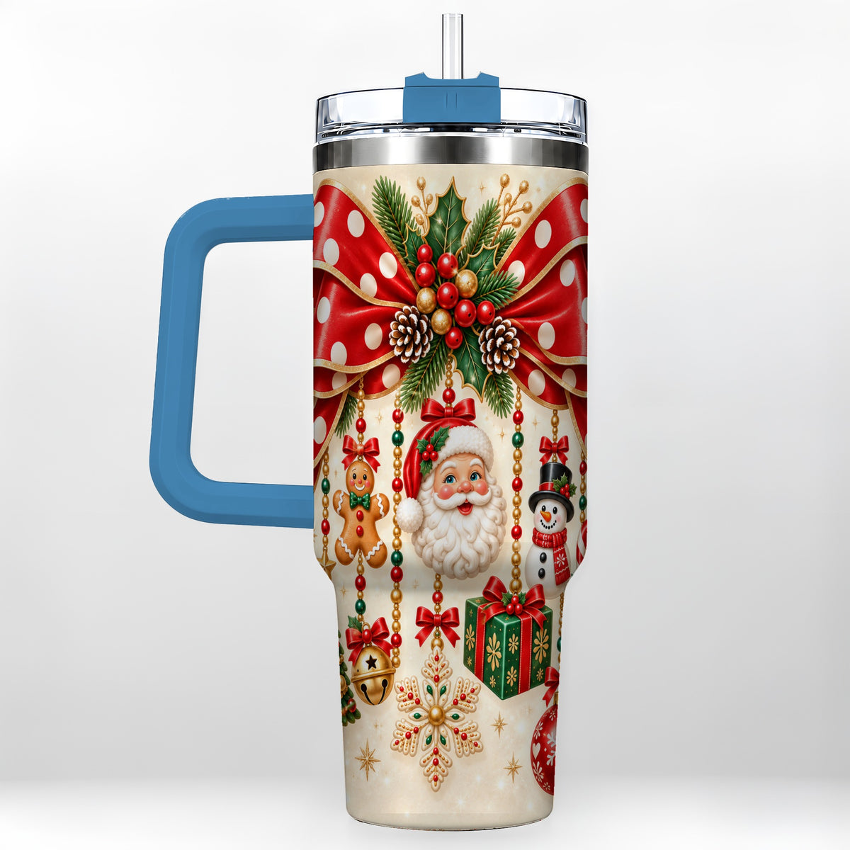 #pl[40oz|Blue] Christmas Bow 40oz Tumbler with Handle, Santa and Snowman Ornaments