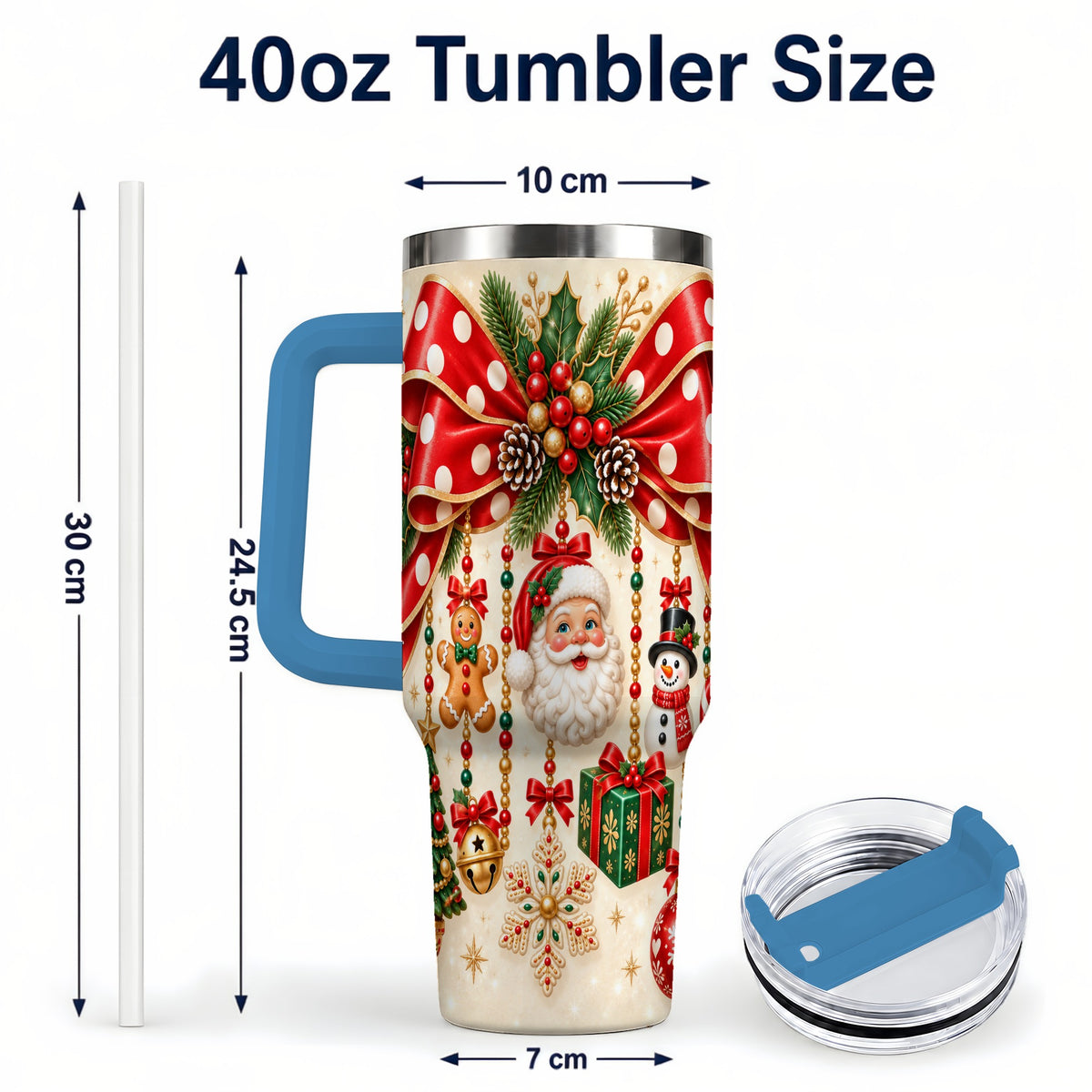 #pl[40oz|Blue] Christmas Bow 40oz Tumbler with Handle, Santa and Snowman Ornaments