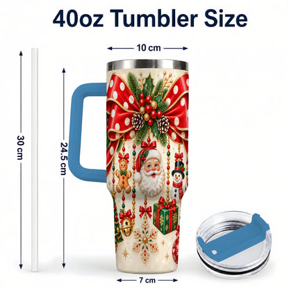 #pl[40oz|Blue] Christmas Bow 40oz Tumbler with Handle, Santa and Snowman Ornaments