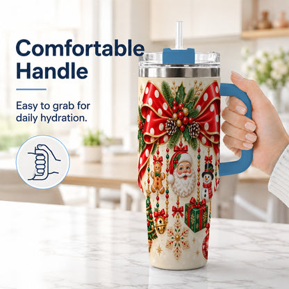 #pl[40oz|Blue] Christmas Bow 40oz Tumbler with Handle, Santa and Snowman Ornaments