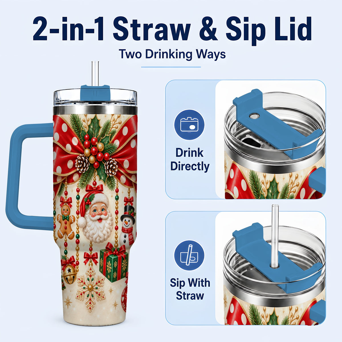 #pl[40oz|Blue] Christmas Bow 40oz Tumbler with Handle, Santa and Snowman Ornaments
