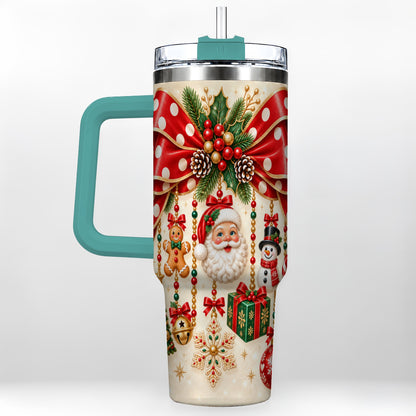#pl[40oz|Green] Christmas Bow 40oz Tumbler with Handle, Santa and Snowman Ornaments