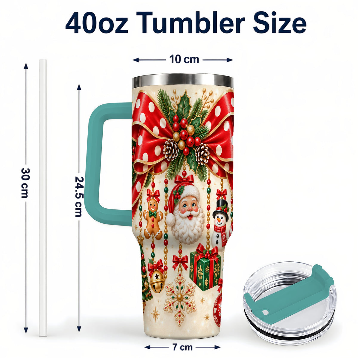 #pl[40oz|Green] Christmas Bow 40oz Tumbler with Handle, Santa and Snowman Ornaments
