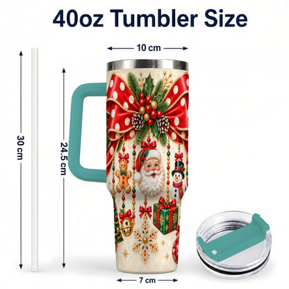 #pl[40oz|Green] Christmas Bow 40oz Tumbler with Handle, Santa and Snowman Ornaments