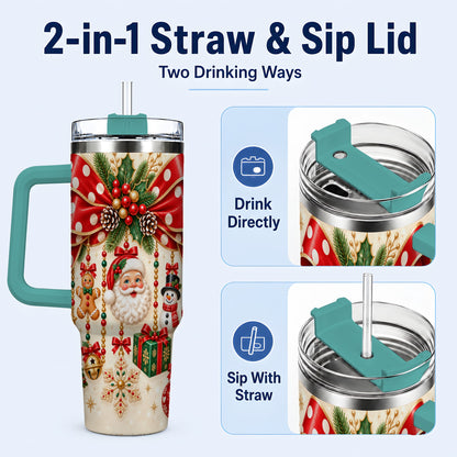 #pl[40oz|Green] Christmas Bow 40oz Tumbler with Handle, Santa and Snowman Ornaments