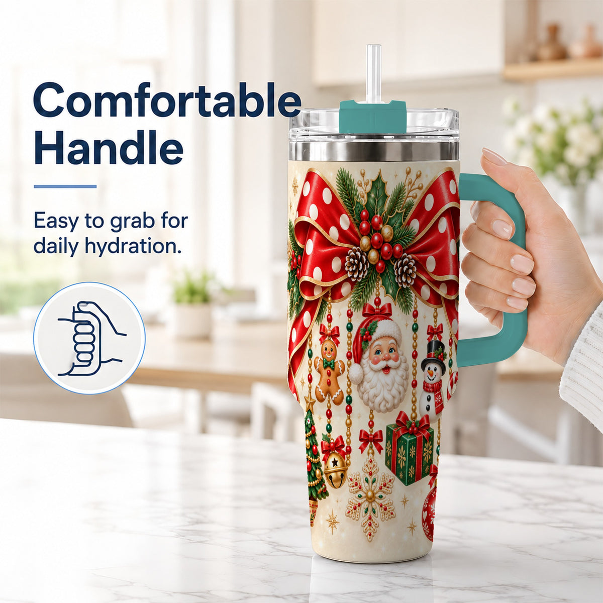 #pl[40oz|Green] Christmas Bow 40oz Tumbler with Handle, Santa and Snowman Ornaments