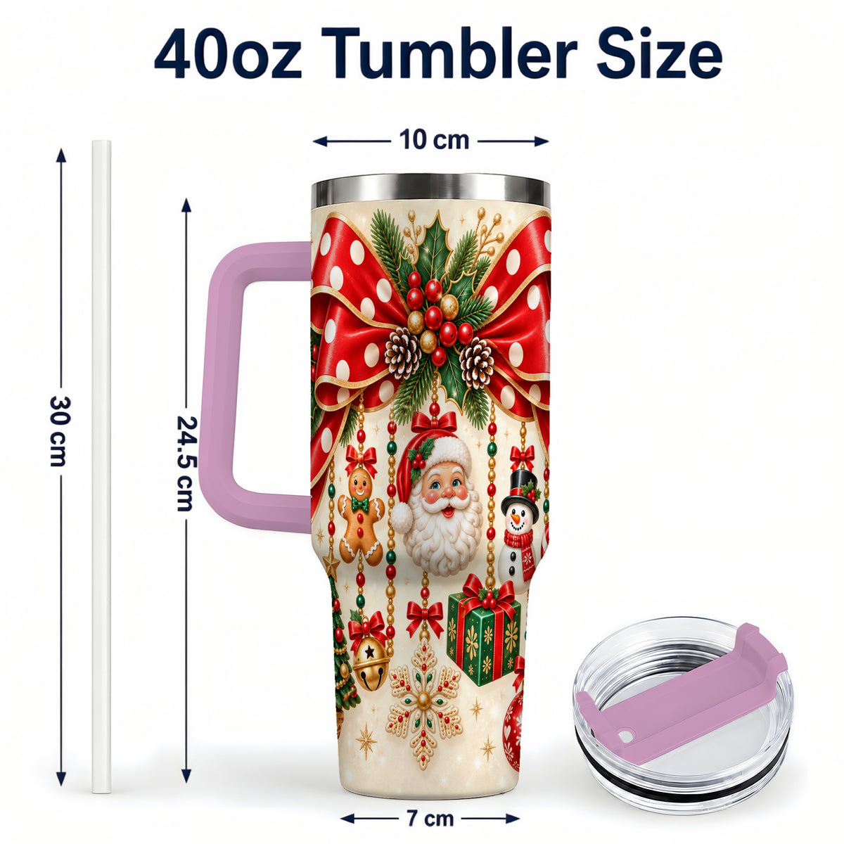 #pl[40oz|Pink] Christmas Bow 40oz Tumbler with Handle, Santa and Snowman Ornaments