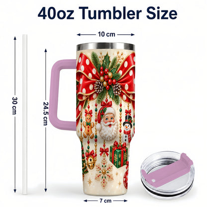 #pl[40oz|Pink] Christmas Bow 40oz Tumbler with Handle, Santa and Snowman Ornaments