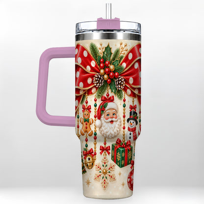 #pl[40oz|Pink] Christmas Bow 40oz Tumbler with Handle, Santa and Snowman Ornaments