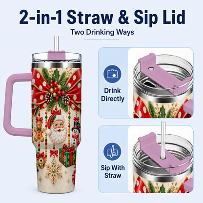 #pl[40oz|Pink] Christmas Bow 40oz Tumbler with Handle, Santa and Snowman Ornaments