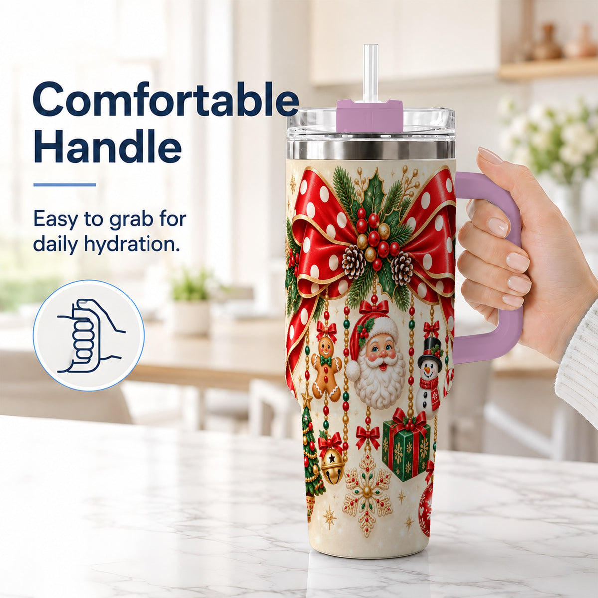 #pl[40oz|Pink] Christmas Bow 40oz Tumbler with Handle, Santa and Snowman Ornaments