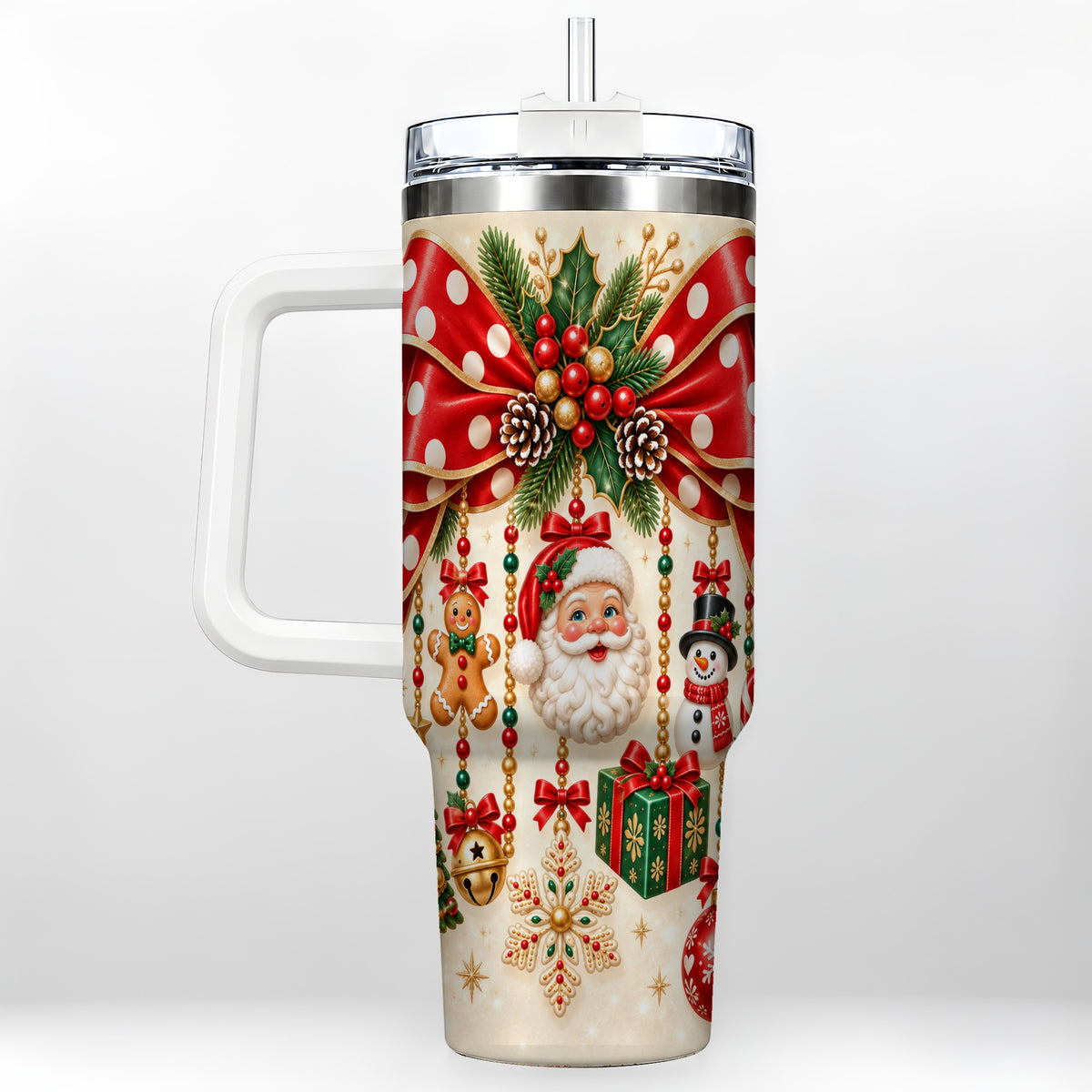 Christmas Bow 40oz Tumbler with Handle, Santa and Snowman Ornaments