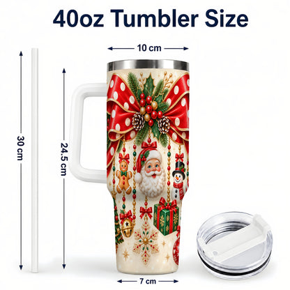 #pl[40oz|White] Christmas Bow 40oz Tumbler with Handle, Santa and Snowman Ornaments