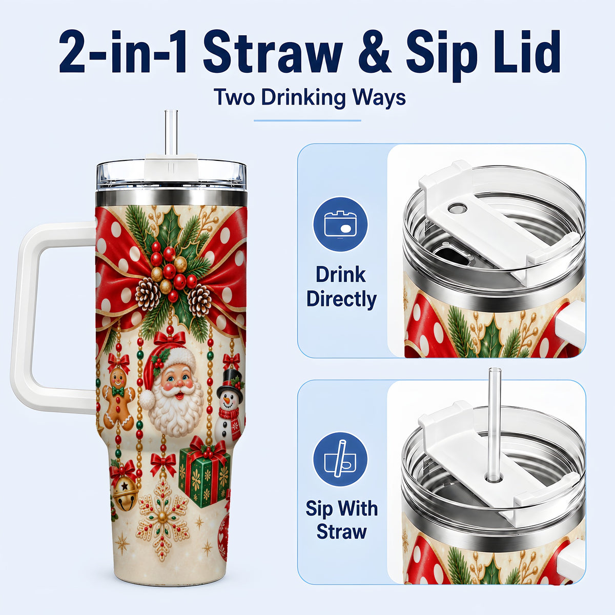 #pl[40oz|White] Christmas Bow 40oz Tumbler with Handle, Santa and Snowman Ornaments