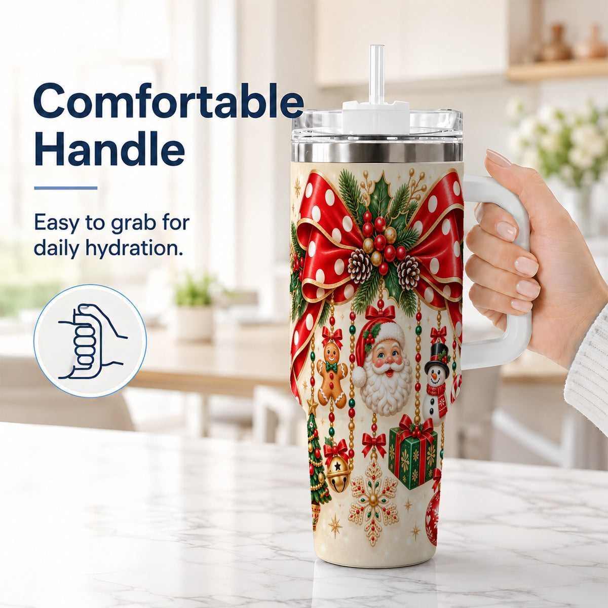 #pl[40oz|White] Christmas Bow 40oz Tumbler with Handle, Santa and Snowman Ornaments