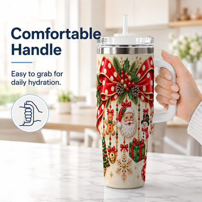 #pl[40oz|White] Christmas Bow 40oz Tumbler with Handle, Santa and Snowman Ornaments