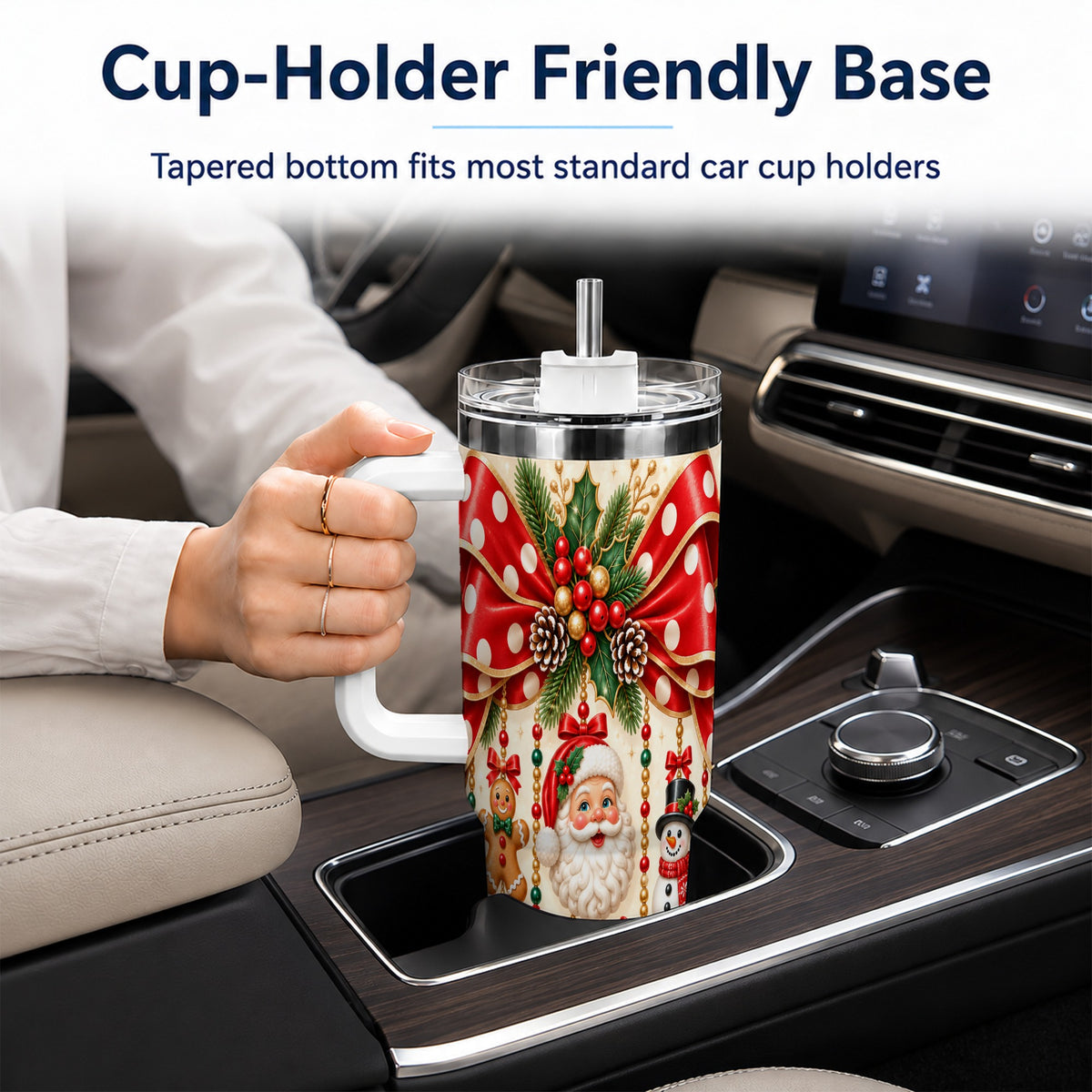 Christmas Bow 40oz Tumbler with Handle, Santa and Snowman Ornaments
