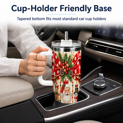Christmas Bow 40oz Tumbler with Handle, Santa and Snowman Ornaments