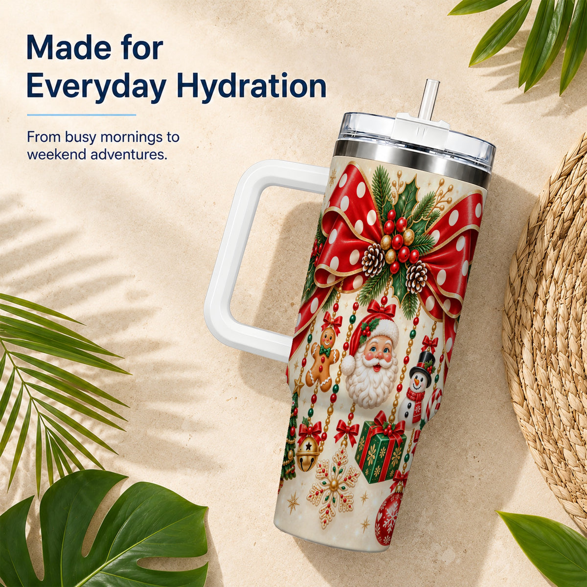 Christmas Bow 40oz Tumbler with Handle, Santa and Snowman Ornaments