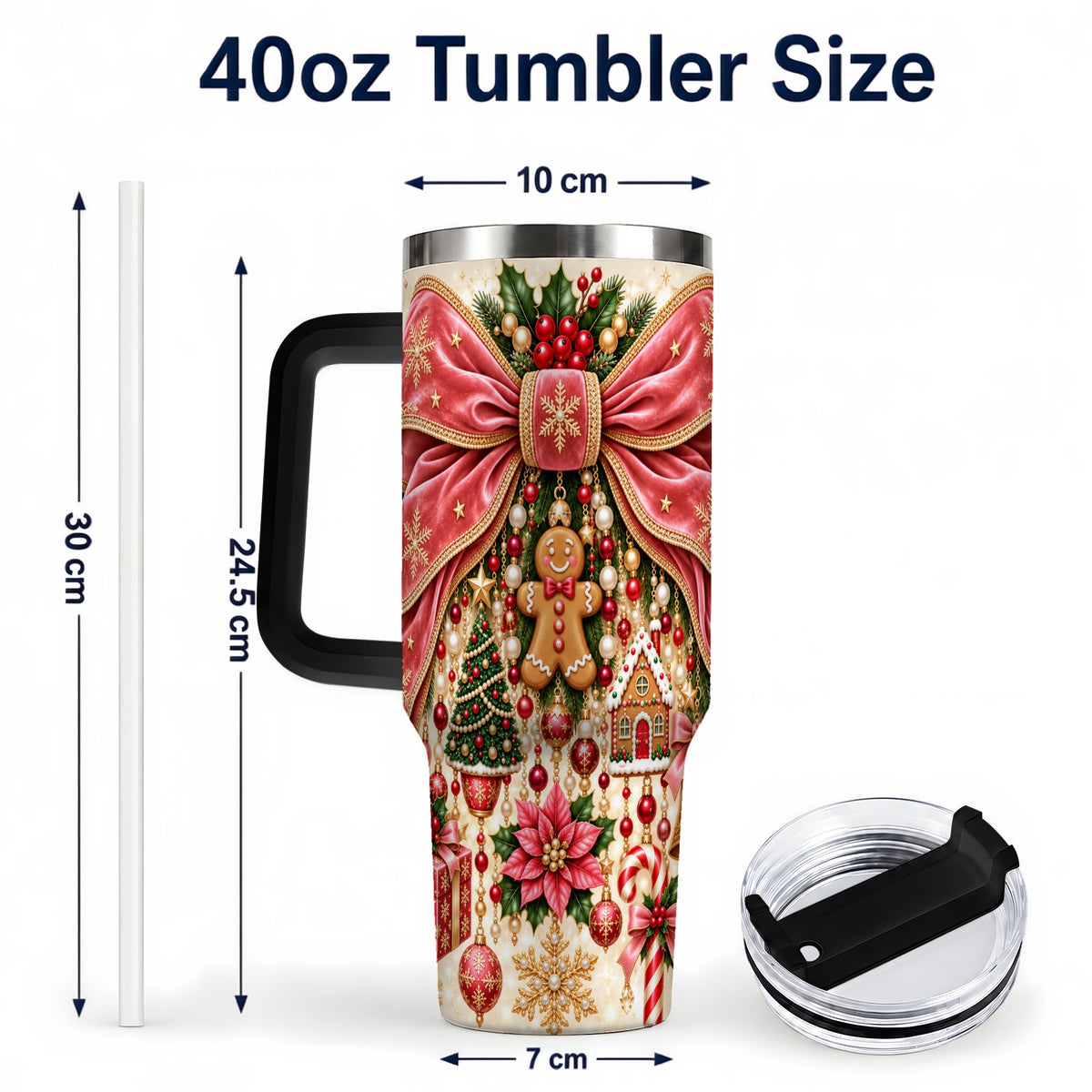 #pl[40oz|Black] Christmas Bow 40oz Tumbler with Handle, Festive Ribbon Drinkware