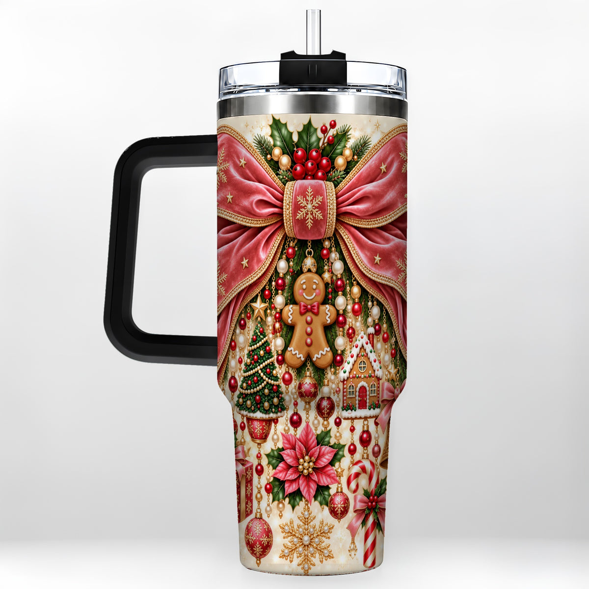 #pl[40oz|Black] Christmas Bow 40oz Tumbler with Handle, Festive Ribbon Drinkware