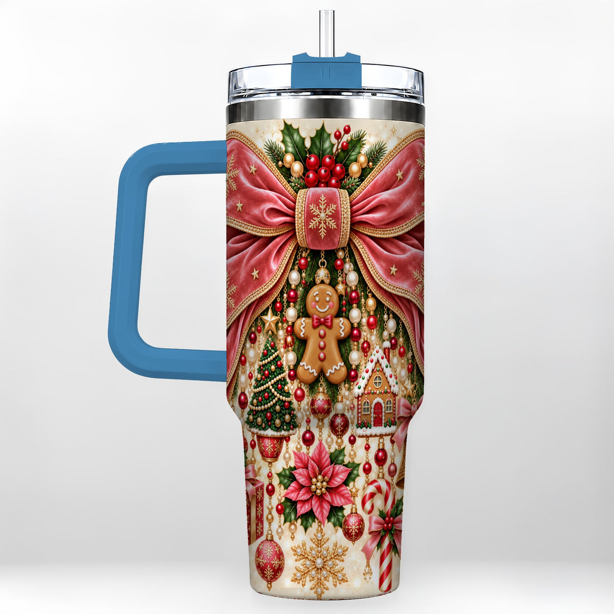 #pl[40oz|Blue] Christmas Bow 40oz Tumbler with Handle, Festive Ribbon Drinkware