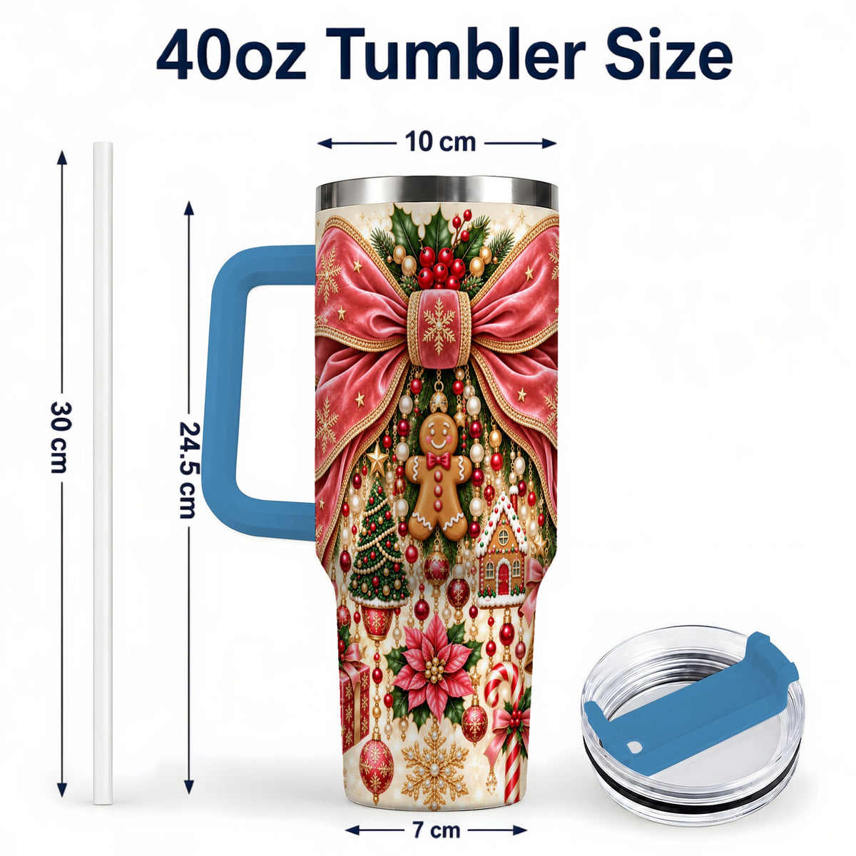 #pl[40oz|Blue] Christmas Bow 40oz Tumbler with Handle, Festive Ribbon Drinkware