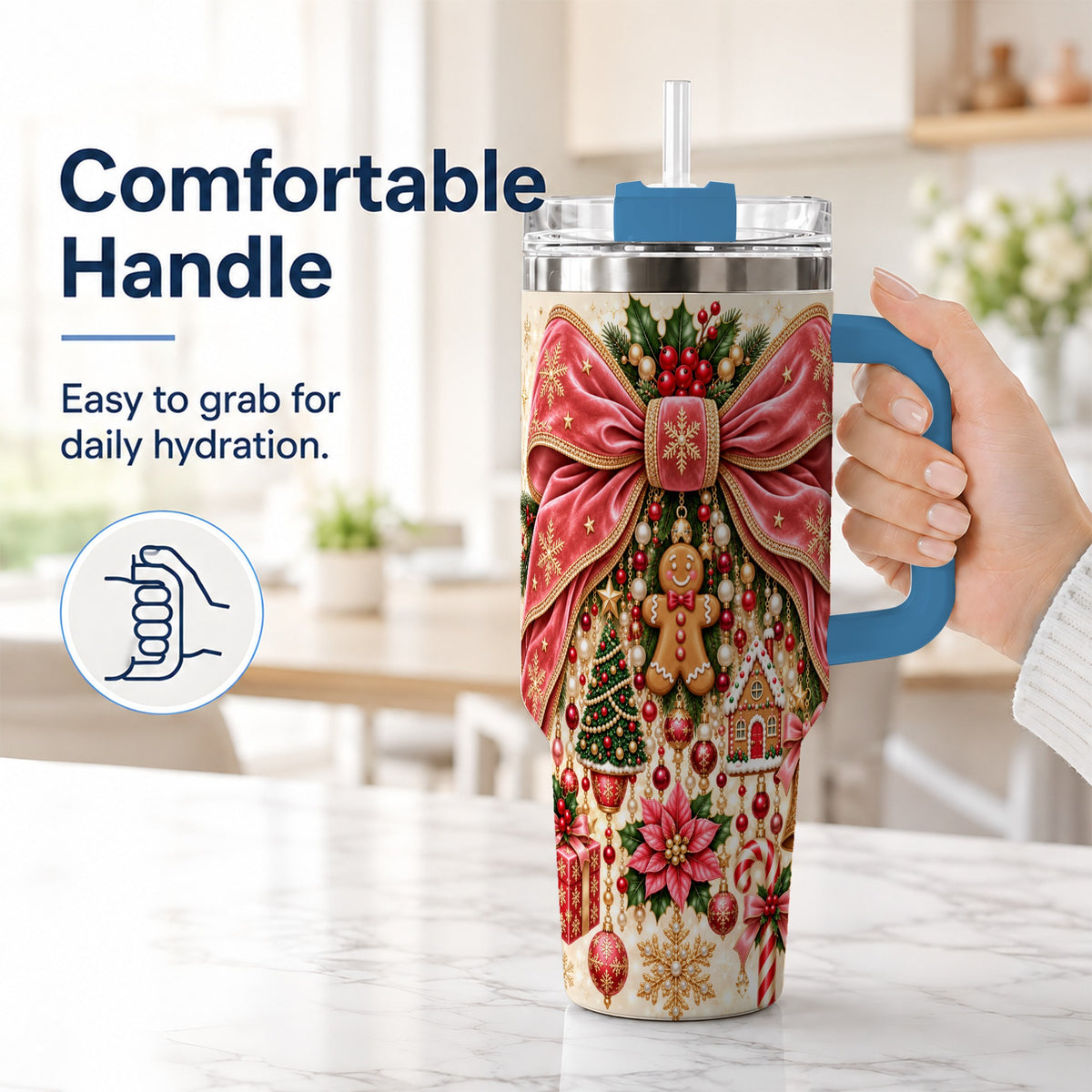 #pl[40oz|Blue] Christmas Bow 40oz Tumbler with Handle, Festive Ribbon Drinkware