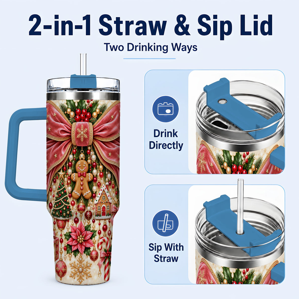 #pl[40oz|Blue] Christmas Bow 40oz Tumbler with Handle, Festive Ribbon Drinkware