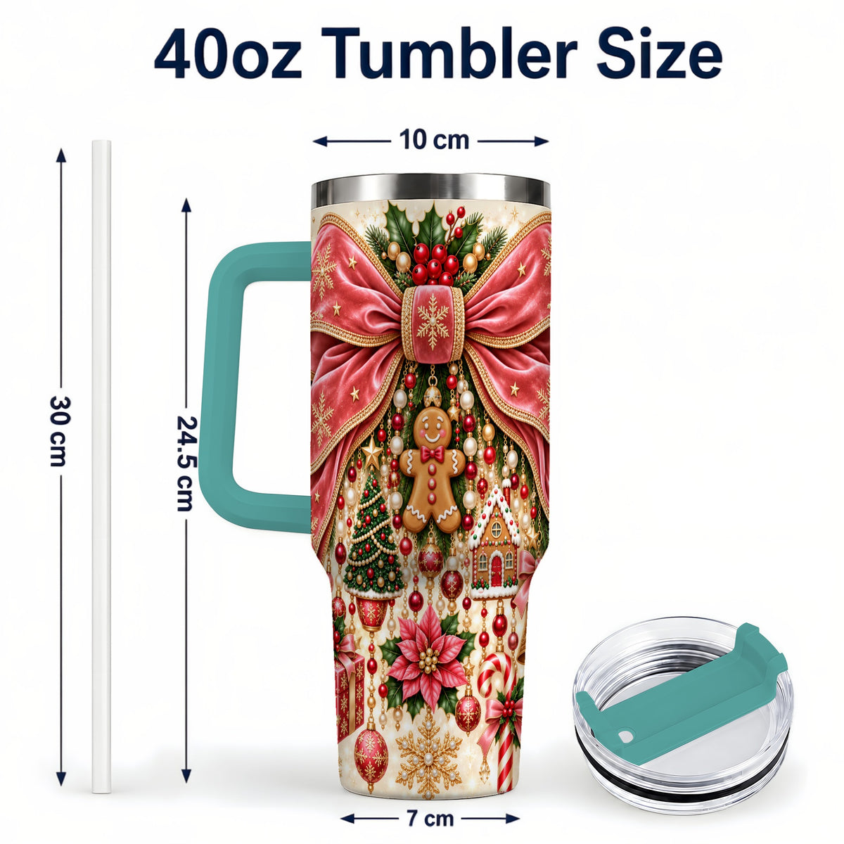 #pl[40oz|Green] Christmas Bow 40oz Tumbler with Handle, Festive Ribbon Drinkware
