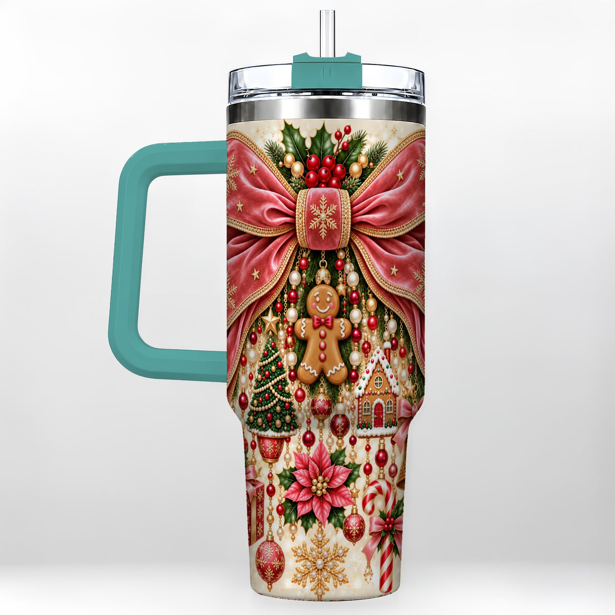 #pl[40oz|Green] Christmas Bow 40oz Tumbler with Handle, Festive Ribbon Drinkware